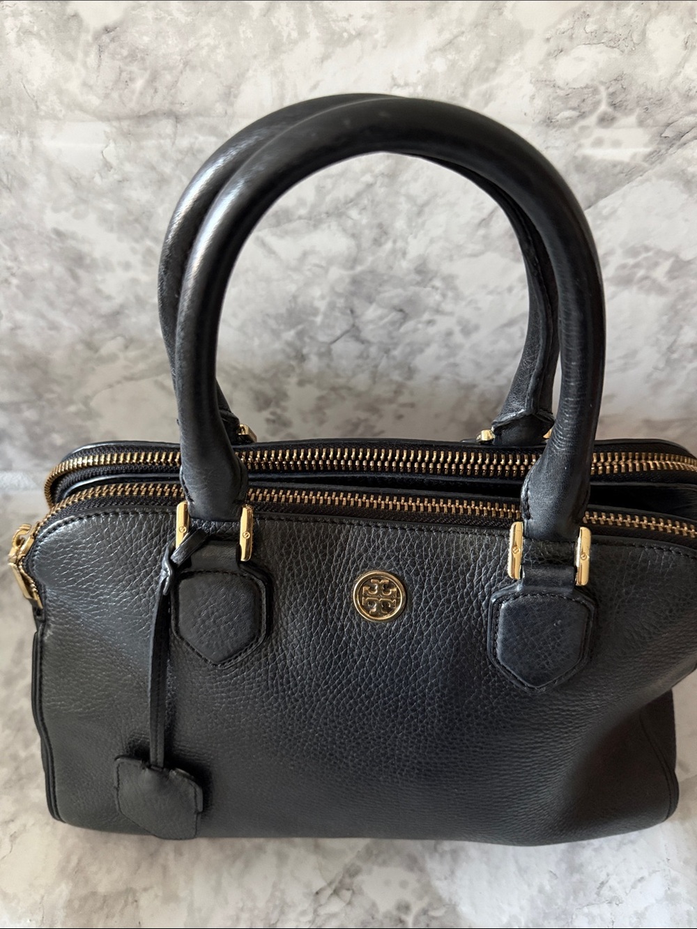 Tory Burch Black Leather Double-Handle Satchel with Gold Hardware - Picture 4 of 7